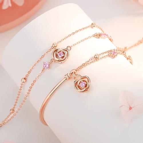 Plata de ley 925 Pulsera, con 1.6inch extender cadena, Rosa, chapado en color rosa dorada, diferentes estilos para la opción & micro arcilla de zirconia cúbica & para mujer, longitud:aproximado 6.1 Inch, Vendido por UD