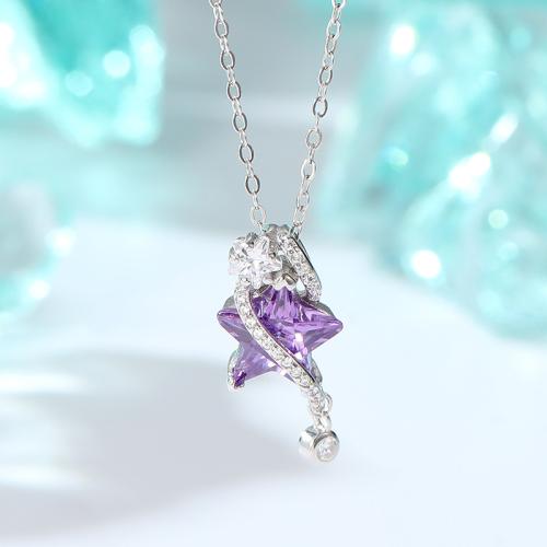 925 Sterling Silver Necklace with 2inch extender chain Star platinum plated oval chain & micro pave cubic zirconia & for woman Length Approx 15.7 Inch Sold By PC