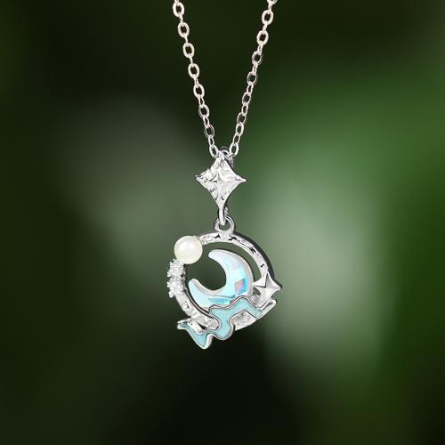 Argent sterling 925 collier, avec verre & perle de plastique, avec 2inch chaînes de rallonge, Lune et Etoile, Plaqué de platine, chaîne ovale & pavé de micro zircon & pour femme, Longueur:Environ 15.7 pouce, Vendu par PC