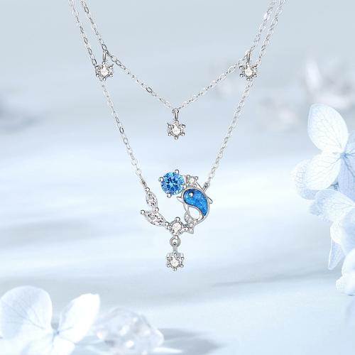 Argent sterling 925 collier, avec 2inch chaînes de rallonge, dauphin, Plaqué de platine, chaîne ovale & pavé de micro zircon & pour femme & autocollant époxyde, Longueur:15.7 pouce, Vendu par PC