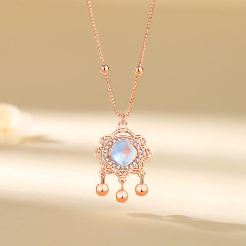 925 Sterling Silver Necklace with Moonstone with 2inch extender chain Longevity Lock rose gold color plated box chain & micro pave cubic zirconia & for woman & hollow Length Approx 15.7 Inch Sold By PC