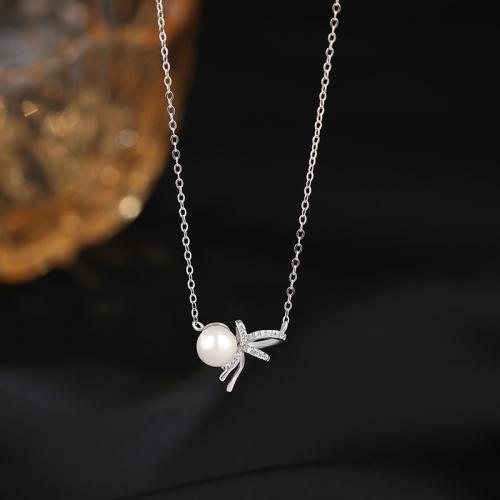 925 Sterling Silver Necklace with Plastic Pearl with 2inch extender chain Bowknot platinum plated oval chain & micro pave cubic zirconia & for woman Length Approx 15.7 Inch Sold By PC