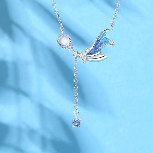 925 Sterling Silver Necklace, with Glass, with 2inch extender chain, Mermaid tail, platinum plated, oval chain & micro pave cubic zirconia & for woman & enamel, Length:Approx 15.7 Inch, Sold By PC