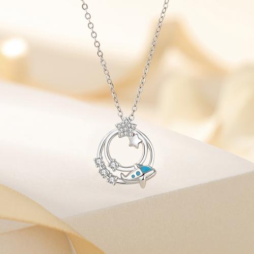 925 Sterling Silver Necklace, with 2inch extender chain, platinum plated, oval chain & micro pave cubic zirconia & for woman & enamel & hollow, Length:Approx 15.7 Inch, Sold By PC