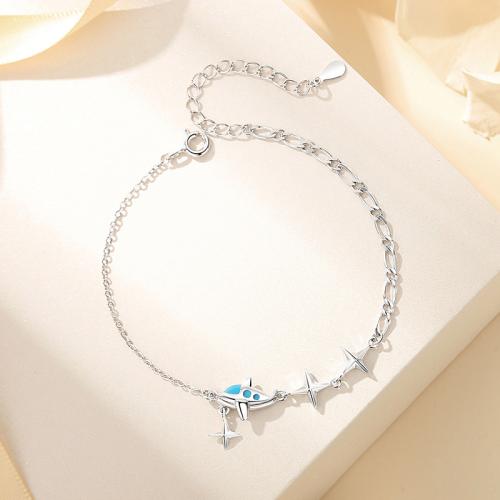 925 Sterling Silver Bracelet, with 1.6inch extender chain, Airplane, platinum plated, for woman & epoxy gel, Length:Approx 6.1 Inch, Sold By PC