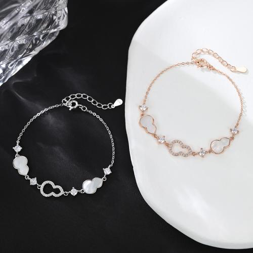 925 Sterling Silver Bracelet, with White Shell, with 1.6inch extender chain, Calabash, micro pave cubic zirconia & for woman & hollow, more colors for choice, Length:Approx 6.1 Inch, Sold By PC