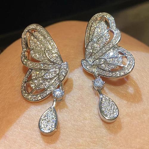 Boucles d'oreilles en laiton zircon cubique pavent, papillon, bijoux de mode & pavé de micro zircon & pour femme, 35mm, Vendu par paire