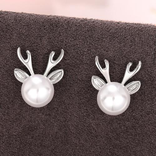 Brass Stud Earring, with Plastic Pearl, fashion jewelry & for woman, 14mm, Sold By Pair