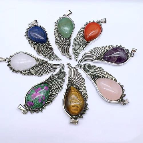 Gemstone Pendants Jewelry, Natural Stone, with Tibetan Style, Wing Shape, gold color plated, DIY & different materials for choice, more colors for choice, 23x57x7mm, Sold By PC