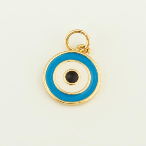 Pendentifs mauvais oeil, laiton, Rond, Placage de couleur d'or, DIY & motif de mauvais œil & émail, bleu, protéger l'environnement, sans nickel, plomb et cadmium, 14x12x1mm, Vendu par PC