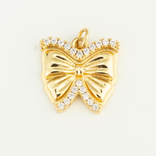 Cubique Pendentif en laiton zircon pavent, Noeud papillon, Placage de couleur d'or, DIY & pavé de micro zircon, protéger l'environnement, sans nickel, plomb et cadmium, 18x18x3mm, Vendu par PC