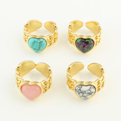 Brass Finger Ring, with Natural Stone, Heart, gold color plated, Adjustable & for woman, more colors for choice, nickel, lead & cadmium free, 24x21x11mm, Sold By PC