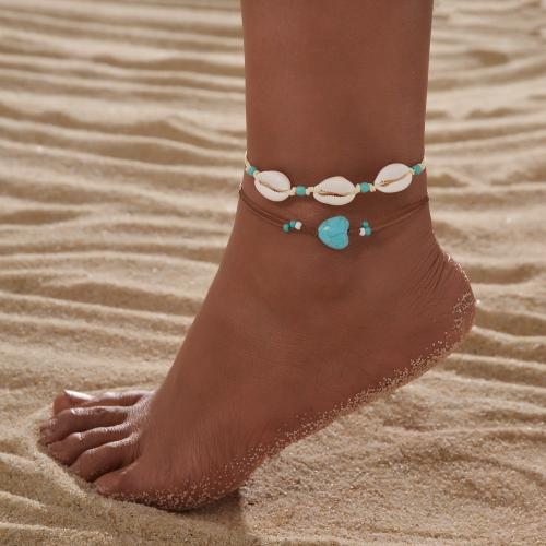 Fashion Jewelry Anklet, Nylon Cord, with Seedbead & turquoise & Shell, 2 pieces, mixed colors, Sold By Set