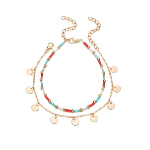 Fashion Jewelry Anklet, alliage de zinc, avec Des billes de verre, Placage de couleur d'or, 2 pièces & bijoux de mode, couleurs mélangées, protéger l'environnement, sans nickel, plomb et cadmium, Vendu par fixé