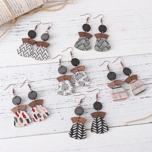 Tibetan Style Drop Earrings, PU Leather, with Wood & Tibetan Style, printing, fashion jewelry & different designs for choice & for woman, Sold By Pair