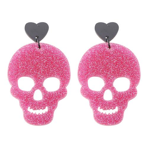 Acrylic Stud Earring, Skull, printing, Halloween Design & for woman & hollow, pink, Sold By Pair