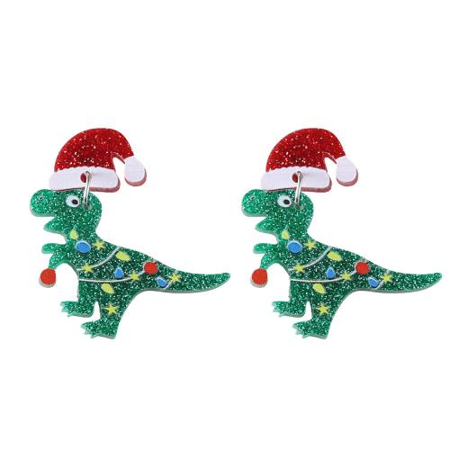 Christmas Earrings, Acrylic, Dinosaur, printing, Christmas Design & for woman & double-sided, Sold By Pair