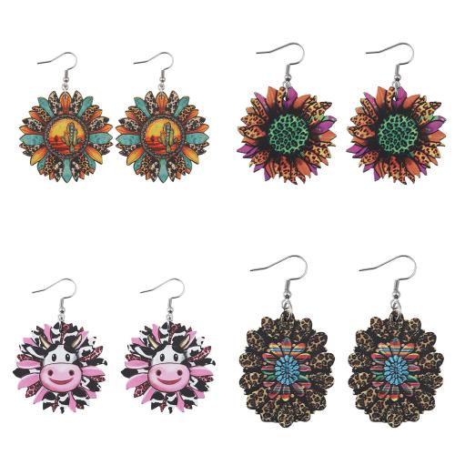 Wood Earring, with 304 Stainless Steel, Flower, printing, different designs for choice & for woman & double-sided, Sold By Pair