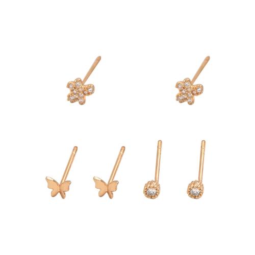 Cubic Zirconia Micro Pave Brass Earring, plated, three pieces & micro pave cubic zirconia & for woman, gold, Sold By Set