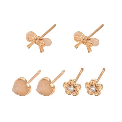 Brass Stud Earring, plated, three pieces & different styles for choice & for woman & with rhinestone, Sold By Set