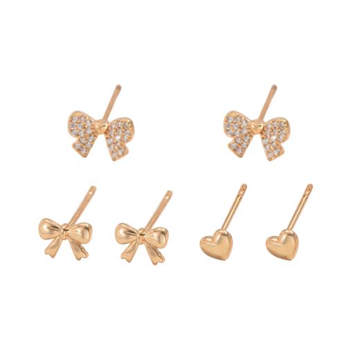 Boucles d'oreilles en laiton zircon cubique pavent, trois pièces & pavé de micro zircon & pour femme, doré, Vendu par fixé