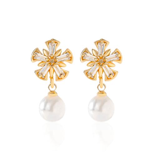 Boucles d'oreilles en laiton zircon cubique pavent, avec perle de plastique, Placage, pavé de micro zircon & pour femme, plus de couleurs à choisir, Vendu par paire