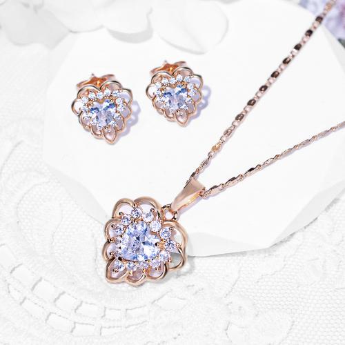 Cubic Zirconia Micro Pave Brass Jewelry Sets, Stud Earring & necklace, plated, micro pave cubic zirconia & for woman, more colors for choice, Sold By Set