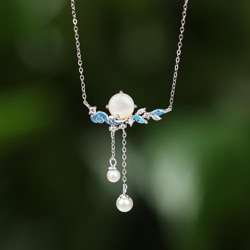 925 Sterling Silver Necklace, with White Shell & Plastic Pearl, with 2inch extender chain, platinum plated, oval chain & micro pave cubic zirconia & for woman & enamel, Length:Approx 15.7 Inch, Sold By PC