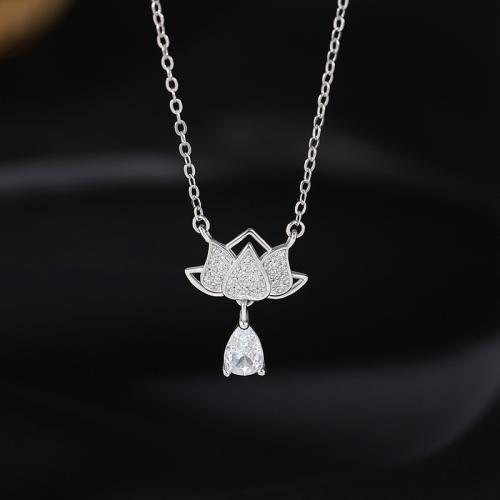 925 Sterling Silver Necklace, with 2inch extender chain, Lotus, platinum plated, oval chain & micro pave cubic zirconia & for woman, Length:Approx 15.7 Inch, Sold By PC