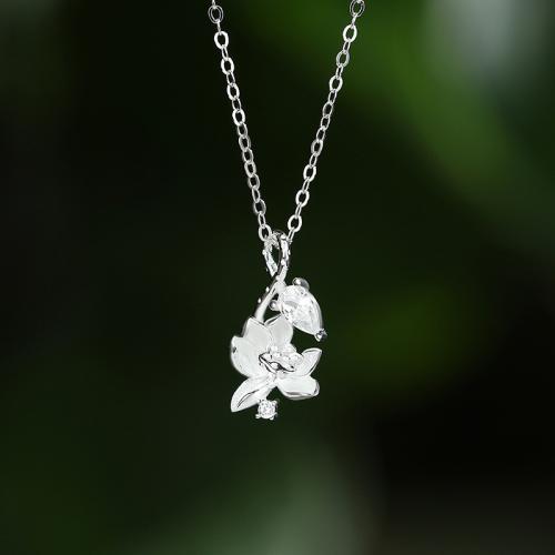 Argent sterling 925 collier, avec 2inch chaînes de rallonge, Lotus, Plaqué de platine, chaîne ovale & pavé de micro zircon & pour femme, Longueur:Environ 15.7 pouce, Vendu par PC