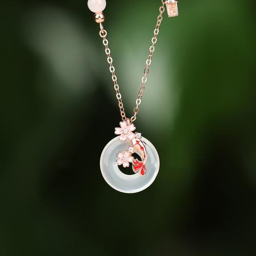 Argent sterling 925 collier, avec blanc calcédoine & quartz rose, avec 2inch chaînes de rallonge, poisson, Plaqué de couleur d'or rose, chaîne ovale & pavé de micro zircon & pour femme & émail, Longueur:Environ 15.7 pouce, Vendu par PC