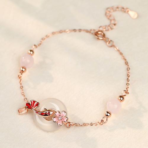 Argent sterling 925 bracelet, avec blanc calcédoine & quartz rose, avec 1.6inch chaînes de rallonge, poisson, Plaqué de couleur d'or rose, pavé de micro zircon & pour femme & émail, Longueur:Environ 6.1 pouce, Vendu par PC