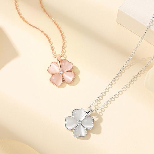 925 Sterling Silver Necklace, with Glass, with 2inch extender chain, Four Leaf Clover, oval chain & micro pave cubic zirconia & for woman, more colors for choice, Length:Approx 15.7 Inch, Sold By PC