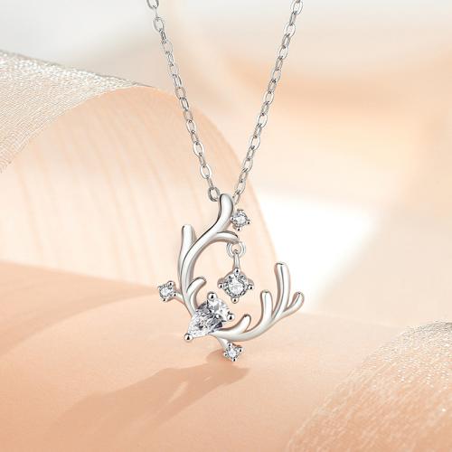 925 Sterling Silver Necklace, with 2inch extender chain, Antlers, platinum plated, oval chain & micro pave cubic zirconia & for woman, Length:Approx 15.7 Inch, Sold By PC