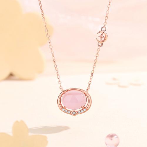 925 Sterling Silver Necklace, with Rose Quartz, with 2inch extender chain, Geometrical Pattern, rose gold color plated, oval chain & micro pave cubic zirconia & for woman, Length:Approx 15.7 Inch, Sold By PC