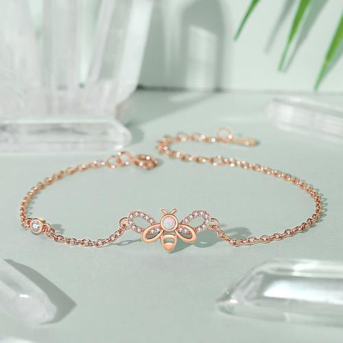 925 Sterling Silver Bracelet, with Glass, with 1.6inch extender chain, Bee, rose gold color plated, micro pave cubic zirconia & for woman, Length:Approx 6.1 Inch, Sold By PC