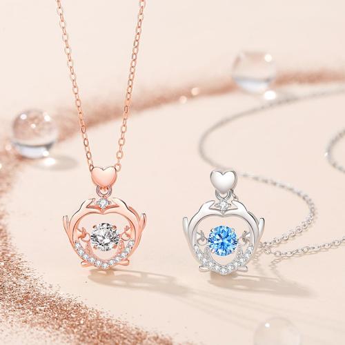 925 Sterling Silver Necklace, with 2inch extender chain, Heart, oval chain & micro pave cubic zirconia & for woman & hollow, more colors for choice, Length:Approx 15.7 Inch, Sold By PC