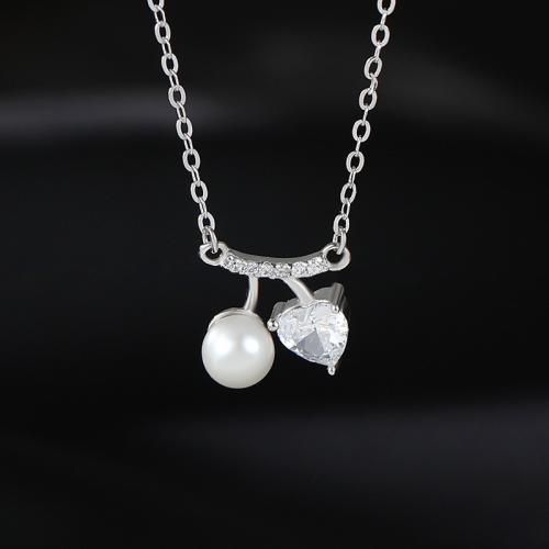 925 Sterling Silver Necklace, with Plastic Pearl, with 2inch extender chain, Cherry, platinum plated, oval chain & micro pave cubic zirconia & for woman, Length:Approx 15.7 Inch, Sold By PC