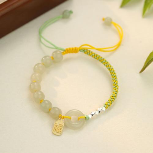 925 Sterling Silver Bracelet, with Hetian Jade & Cotton Cord, braided & adjustable & for woman, Length:Approx 10.2 Inch, Sold By PC