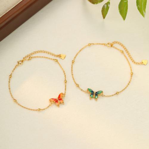 925 Sterling Silver Bracelet, with 1.6inch extender chain, Butterfly, gold color plated, for woman & enamel, more colors for choice, Length:Approx 6.1 Inch, Sold By PC