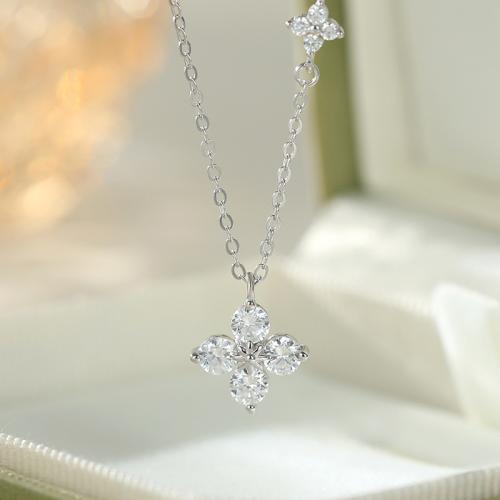 925 Sterling Silver Necklace, with 2inch extender chain, Four Leaf Clover, platinum plated, oval chain & micro pave cubic zirconia & for woman, Length:Approx 15.7 Inch, Sold By PC