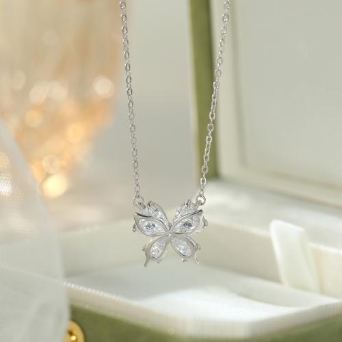 925 Sterling Silver Necklace, with 2inch extender chain, Butterfly, platinum plated, oval chain & micro pave cubic zirconia & for woman, Length:Approx 15.7 Inch, Sold By PC