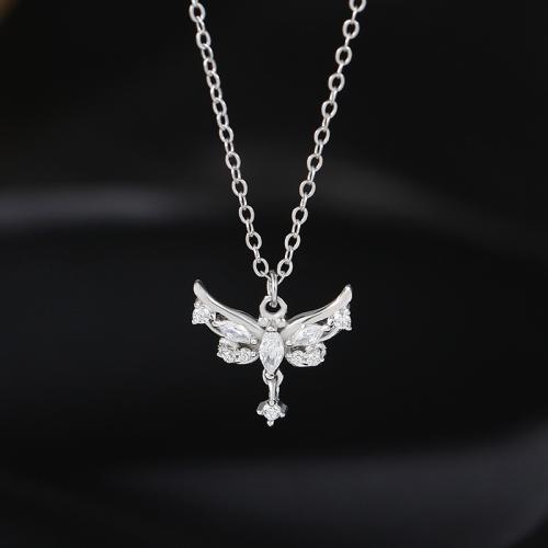 925 Sterling Silver Necklace, with 2inch extender chain, Angel Wing, platinum plated, oval chain & micro pave cubic zirconia & for woman, Length:Approx 15.7 Inch, Sold By PC