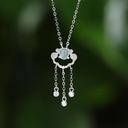 Argent sterling 925 collier, avec blanc calcédoine, avec 2inch chaînes de rallonge, Plaqué de platine, chaîne ovale & pavé de micro zircon & pour femme & creux, Longueur:Environ 15.7 pouce, Vendu par PC