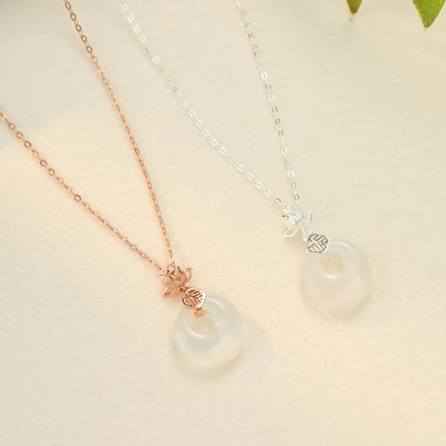 925 Sterling Silver Necklace, with White Chalcedony, with 2inch extender chain, Lotus, oval chain & micro pave cubic zirconia & for woman & hollow, more colors for choice, Length:Approx 15.7 Inch, Sold By PC