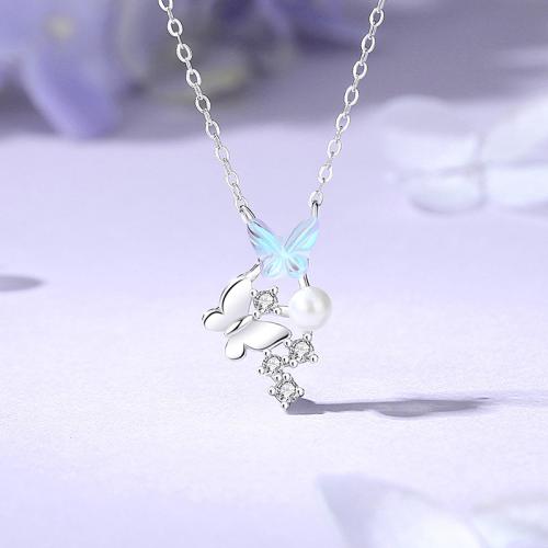 925 Sterling Silver Necklace, with Glass & Plastic Pearl, with 2inch extender chain, Butterfly, platinum plated, oval chain & micro pave cubic zirconia & for woman, Length:Approx 15.7 Inch, Sold By PC