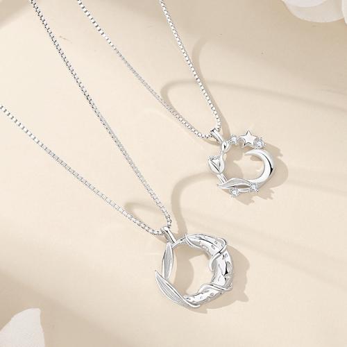 925 Sterling Silver Couple Necklace, Moon and Star, platinum plated, box chain & different styles for choice & micro pave cubic zirconia & for couple, Sold By PC