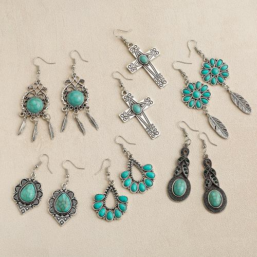 Tibetan Style Drop Earrings, with turquoise, fashion jewelry & different styles for choice & for woman, more colors for choice, 55mm, 10Pairs/Bag, Sold By Bag