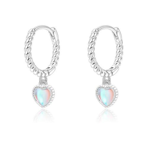 Argent sterling 925 boucle d'oreille leverback, avec Moonstone, coeur, bijoux de mode & pour femme, 9x5.30mm, Vendu par paire