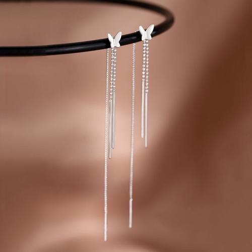 925 Sterling Silver Thread Through Earrings, fashion jewelry & for woman, 120mm, Sold By Pair